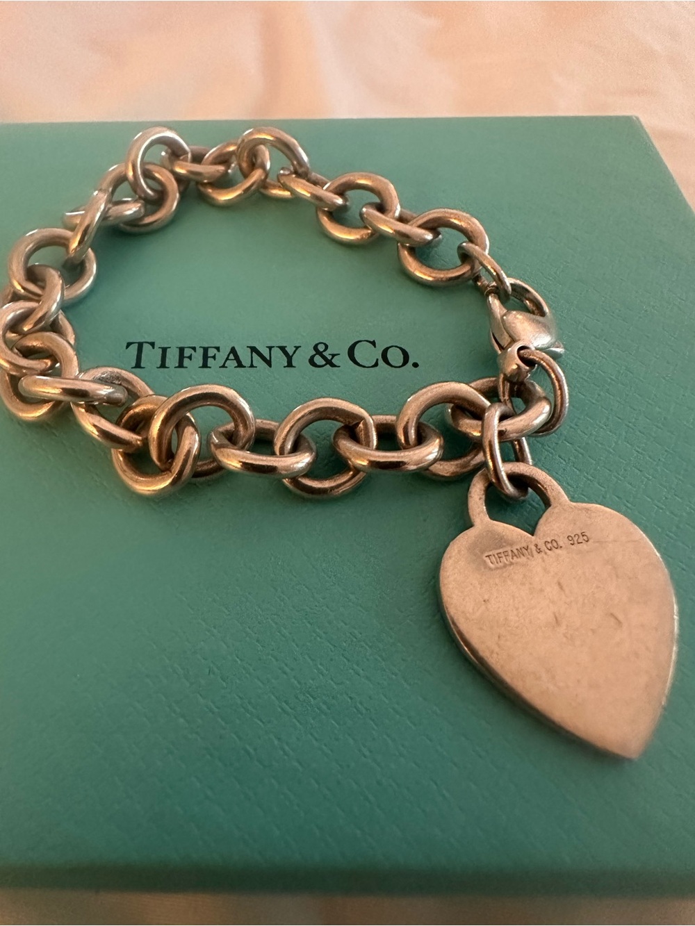 Tiffany & Co. Silver Heart Tag Link Bracelet with Tiffany Blue Box